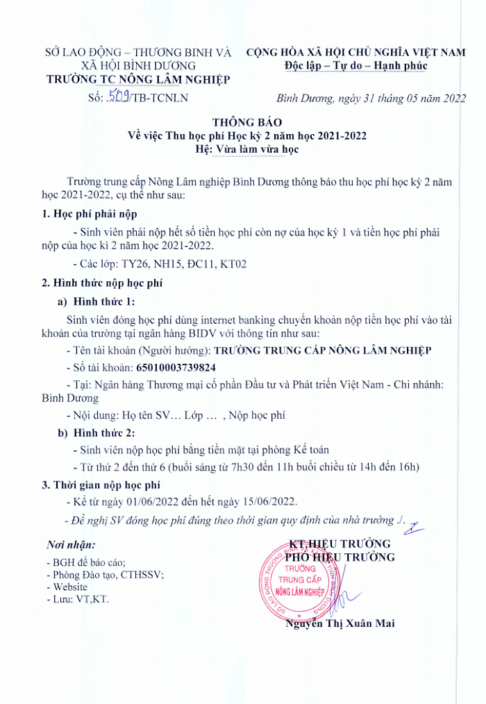 Thông báo thu học phí HK2 năm học 2021-2022 hệ VLVH